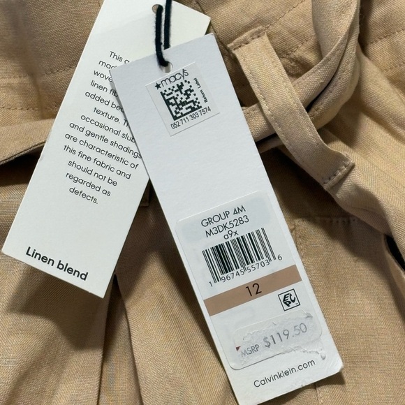 Calvin Klein Pants Womens 12 Straight Leg Ankle Linen Blend Belted Beige NWT - Picture 3 of 11